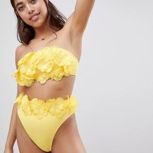 ASOS DESIGN 3D flower yellow swimsuit - bandeau top and high waist bottoms